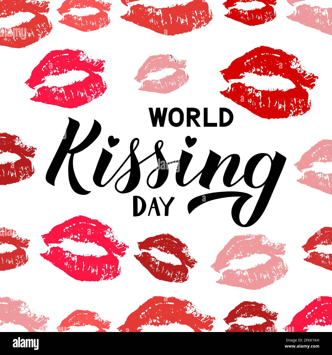 World Kissing Day lettrage à la main avec rouge et rose rouge à lèvres kiss isolé sur blanc. Empreintes de lèvres. Modèle facile à modifier pour l'affiche typographique, Ban Illustration de Vecteur