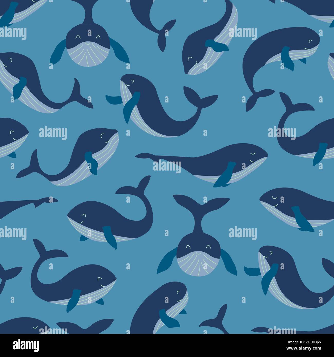Motif sans couture avec baleines bleues sur fond bleu. Illustration vectorielle colorée dessinée à la main. Faune, mammifère de l'océan. Imprimer pour l'emballage Illustration de Vecteur