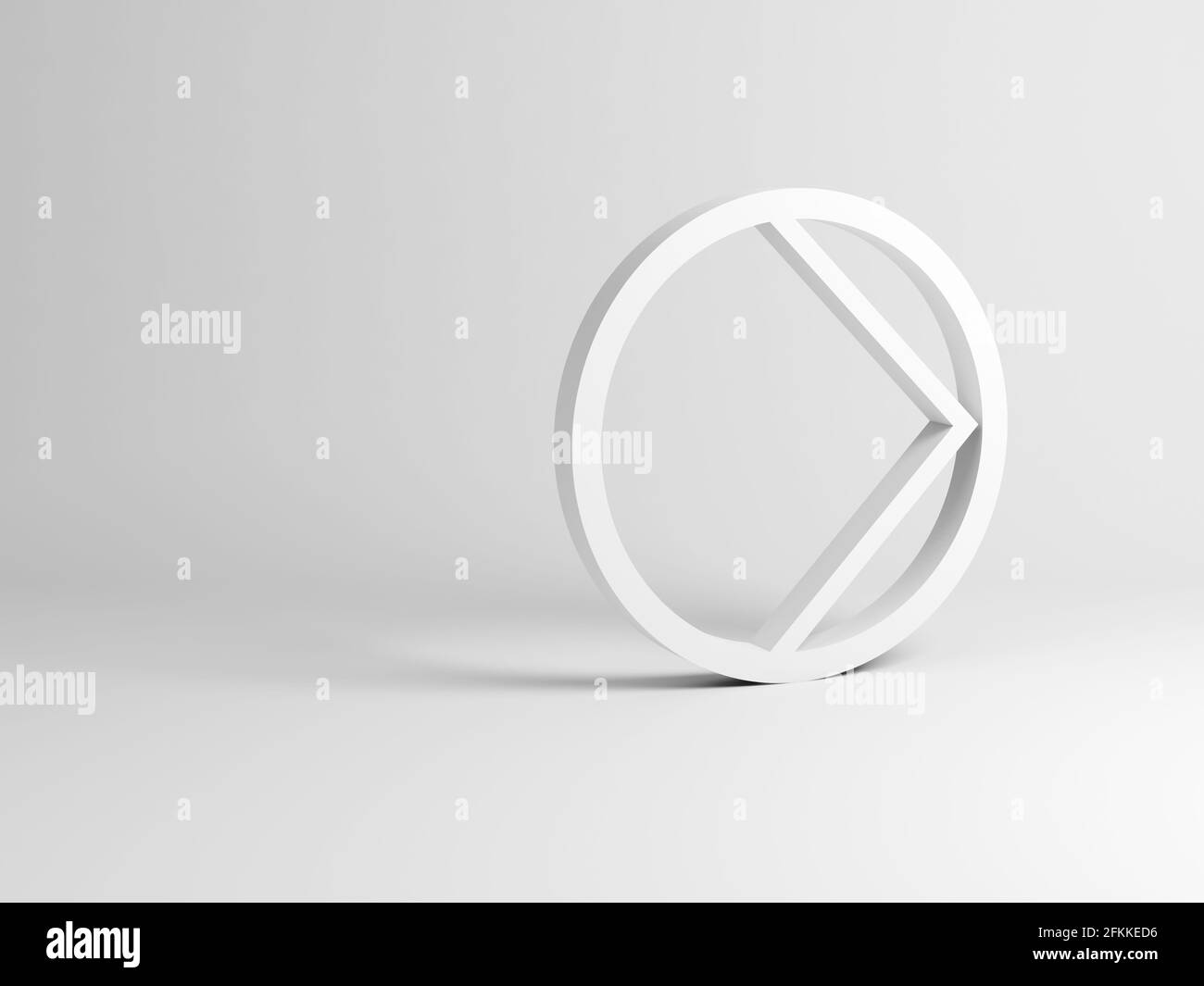Le panneau d'angle dans un cercle se dresse dans un studio blanc vide. Installation abstraite de l'icône de lecture, illustration de rendu 3d Banque D'Images