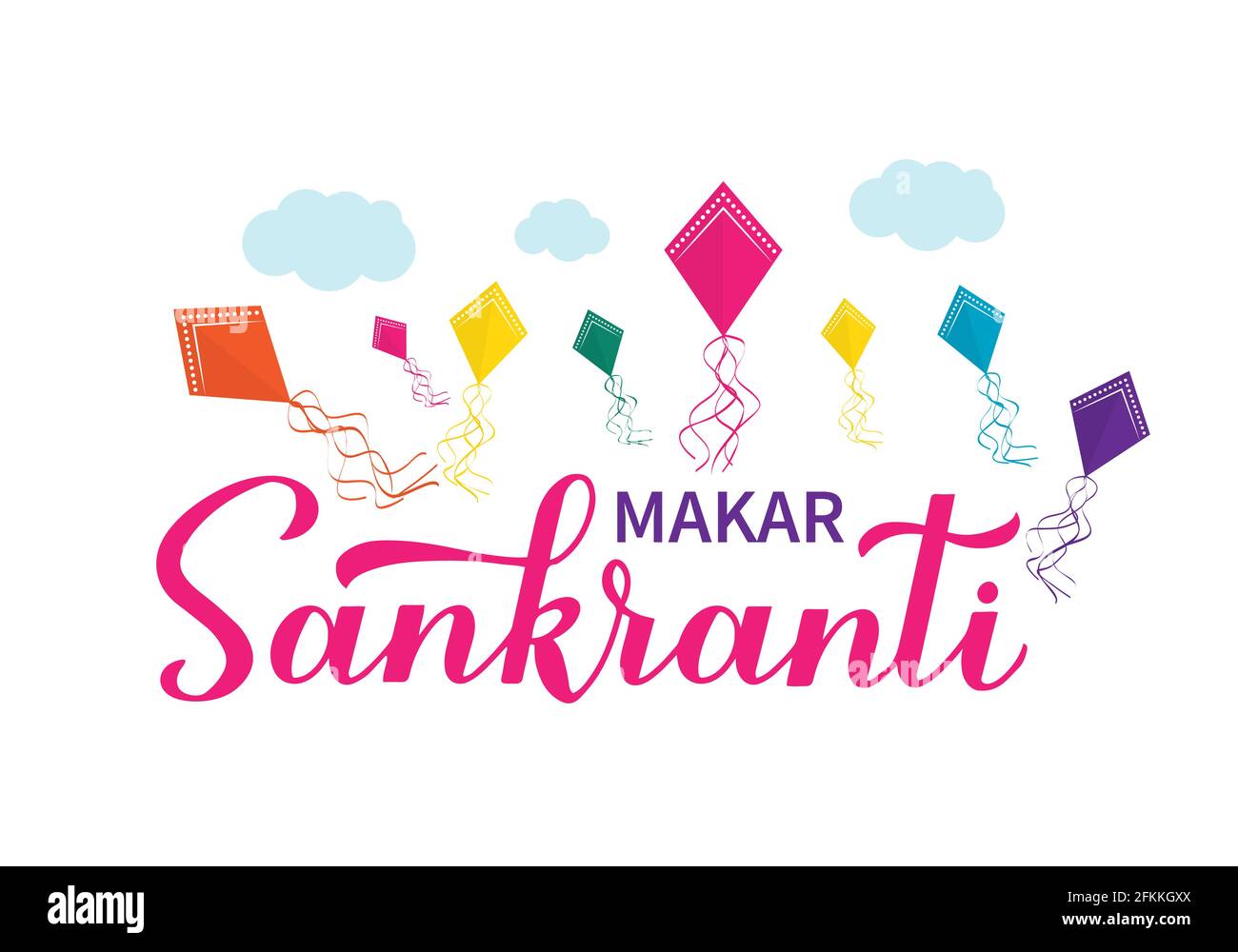 Makar Sankranti calligraphie lettrage à la main avec des cerfs-volants colorés isolés sur blanc. Carte de vœux indienne. Festival hindou du solstice d'hiver. VEC Illustration de Vecteur