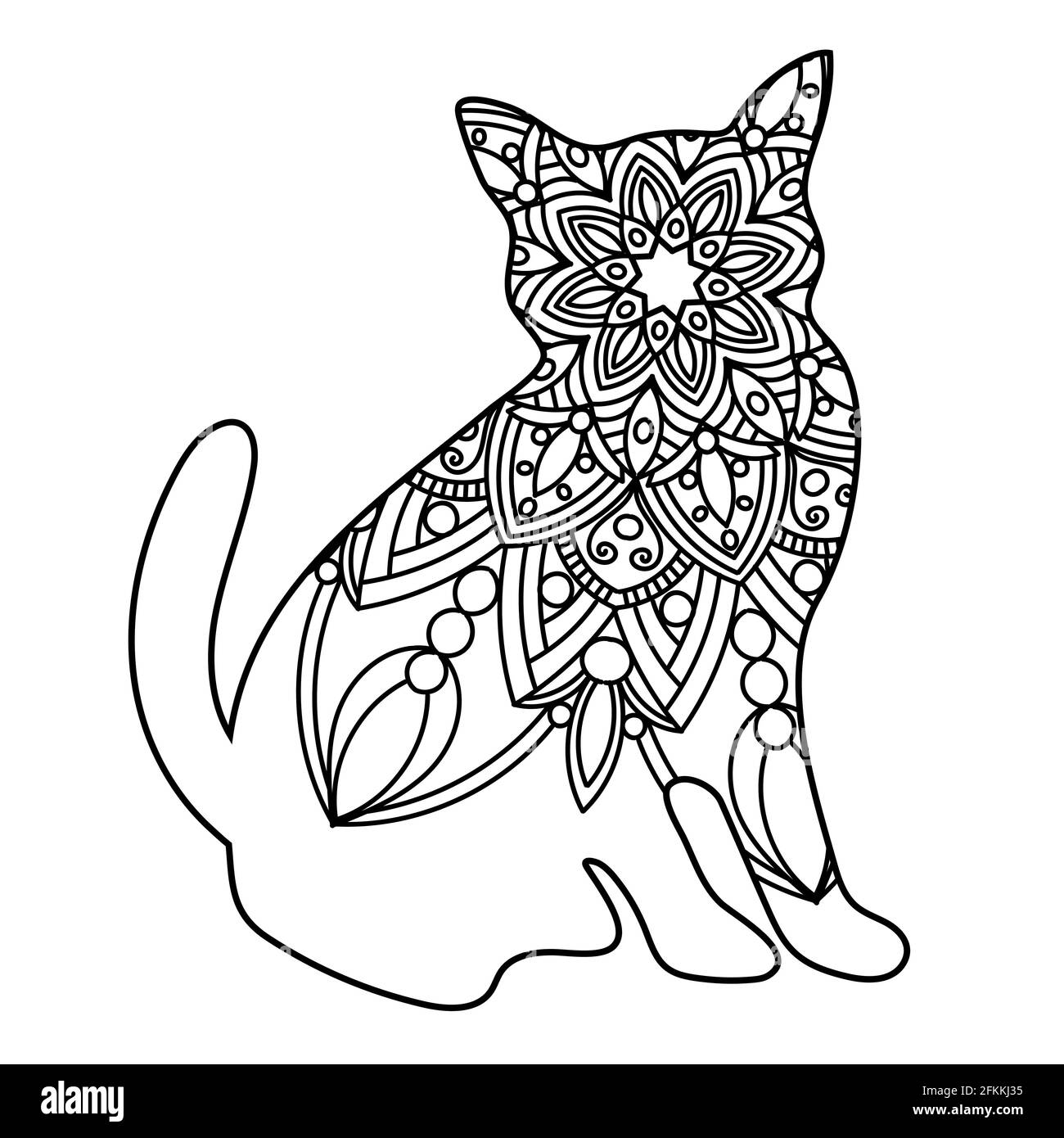 Résumé chat mandala en noir et blanc pour les livres de coloriage pour adultes, motif animal monochrome. Conception antistress. Illustration de Vecteur