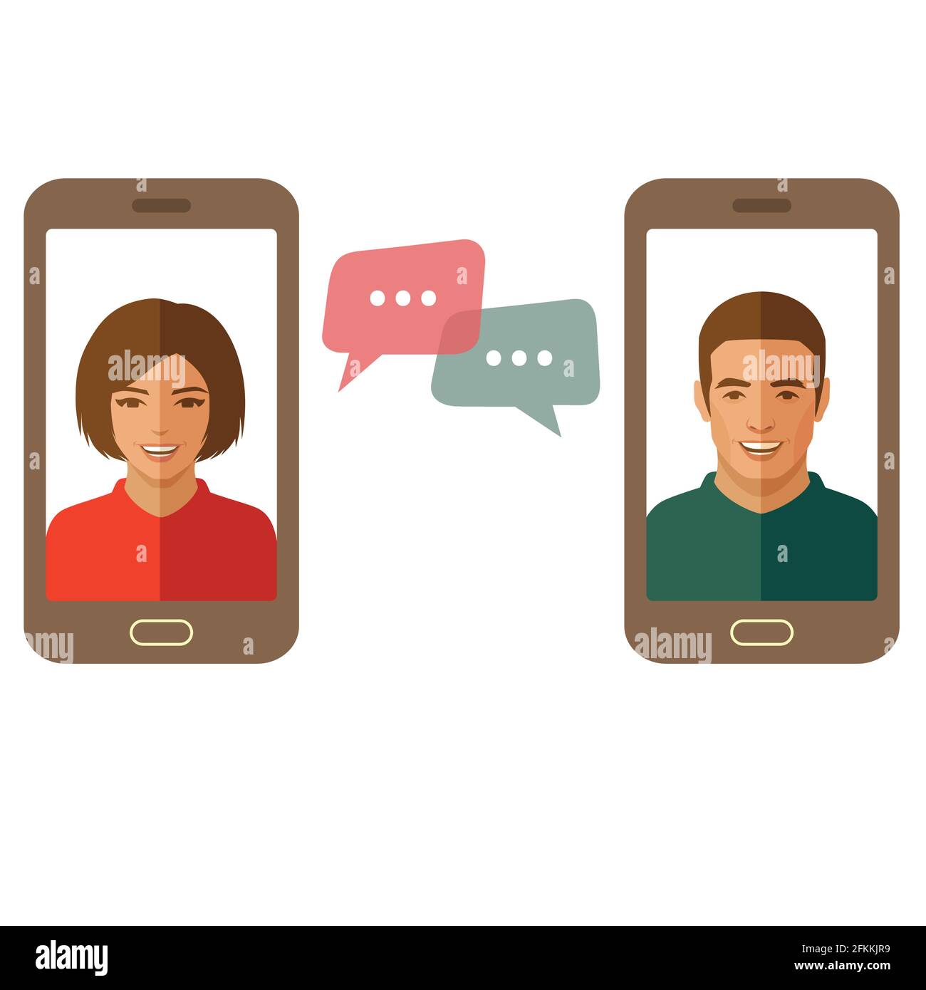 Chat en ligne homme et femme. Couple chat sur un téléphone cellulaire. Homme et femme de dessin animé. Conception à vecteur plat. Illustration de Vecteur