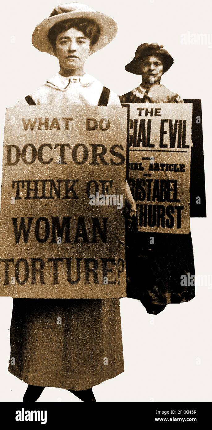 1913 - UNE illustration de magazine montrant des Sufragettes portant des affiches de sablé accusant les autorités de torturer leurs associés en prison. Banque D'Images