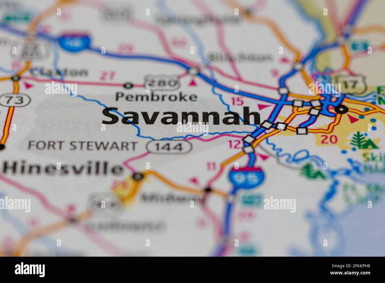 Savannah Georgia USA indiqué sur une carte ou une route de la géographie carte Banque D'Images