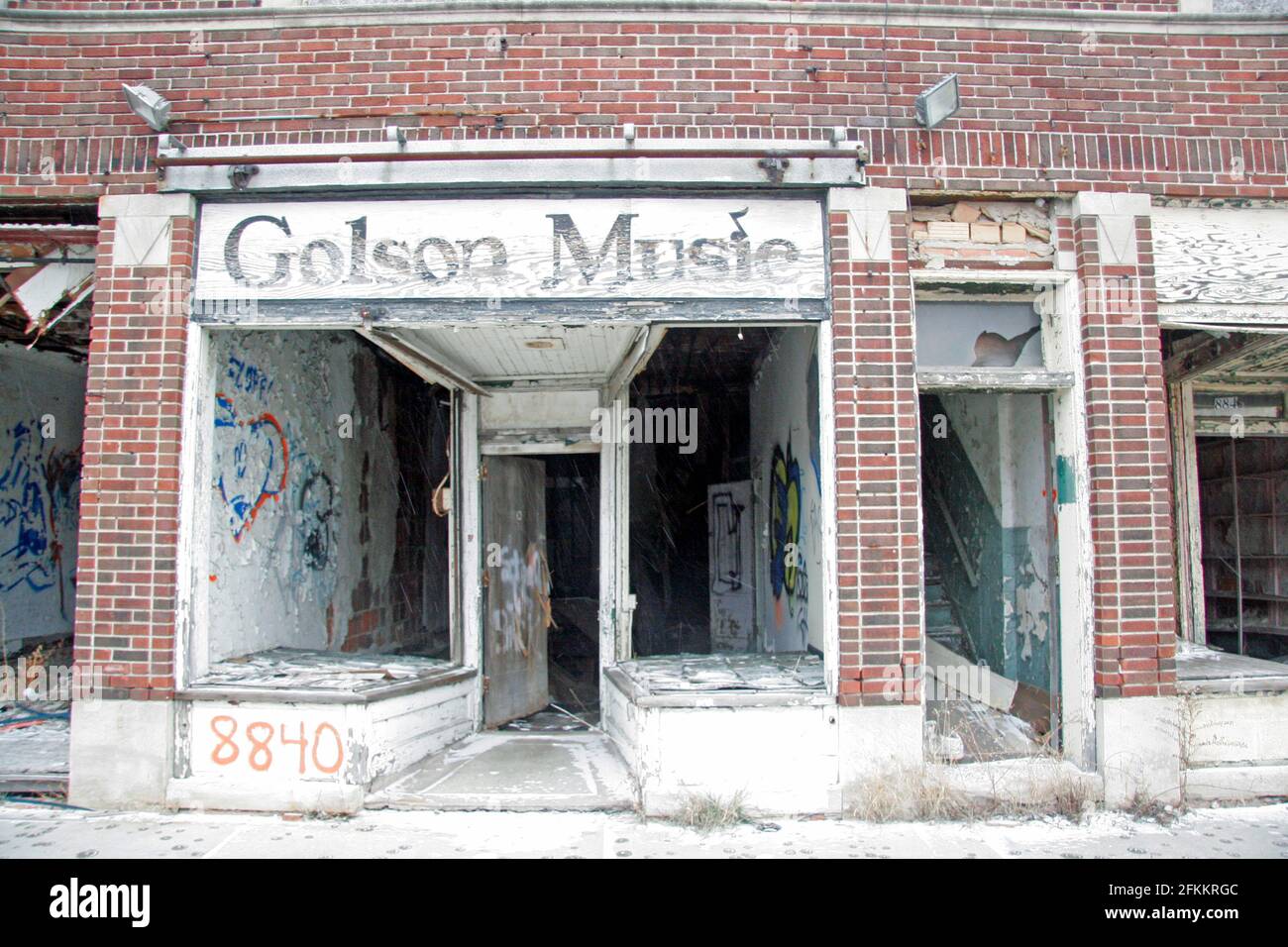 Ruines du magasin de musique Golson, bloc Lindenbaum, Detroit, Michigan, États-Unis Banque D'Images