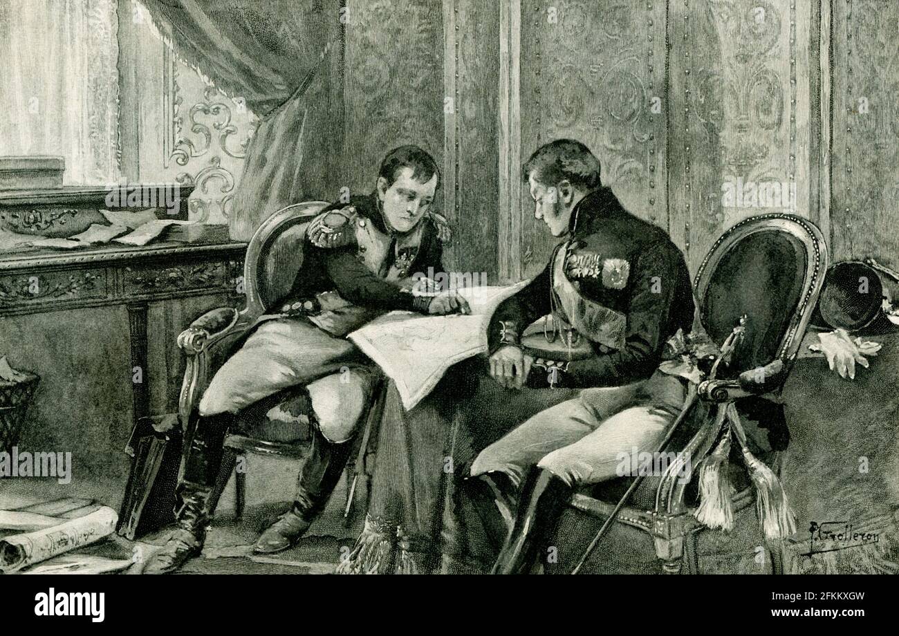 La légende de 1896 se lit comme suit : « Napoléon et Alexandre à Tilsit étudiant la carte de l'Europe dessinée par Grolleron ». Napoléon Ier fut empereur des Français de 1804 à 1814, et de nouveau en 1815. Les traités de Tilsit étaient deux accords signés par Napoléon Ier de France dans la ville de Tilsit en juillet 1807, à la suite de sa victoire à Friedland. Le premier fut signé le 7 juillet, entre l'empereur Alexandre Ier de Russie et Napoléon Ier de France, lorsqu'ils se rencontrèrent sur un radeau au milieu du fleuve Neman. La seconde a été signée avec la Prusse le 9 juillet. Les traités ont été faits au détriment du roi prussien, qui h. Banque D'Images