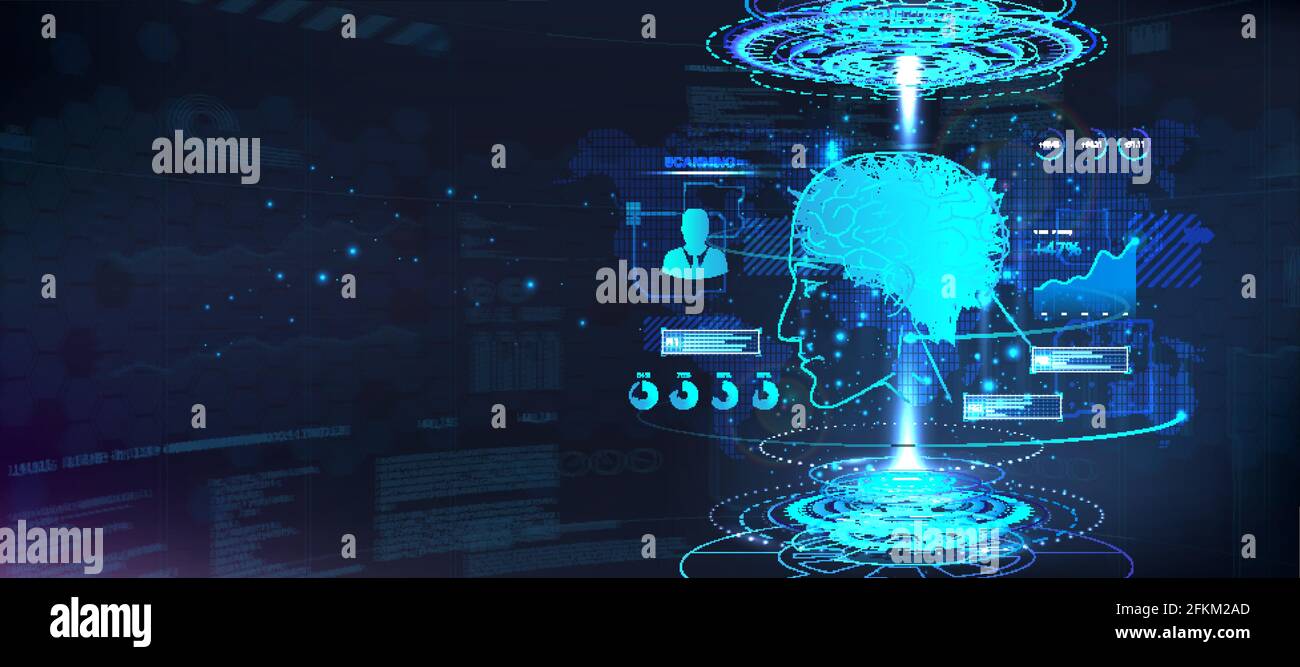 Ai hologramme tête humaine avec modèle de cerveau de neurone 3D. Concept de réseau neuronal artificiel et d'intelligence artificielle. Bannière numérique avec silhouette néon Illustration de Vecteur