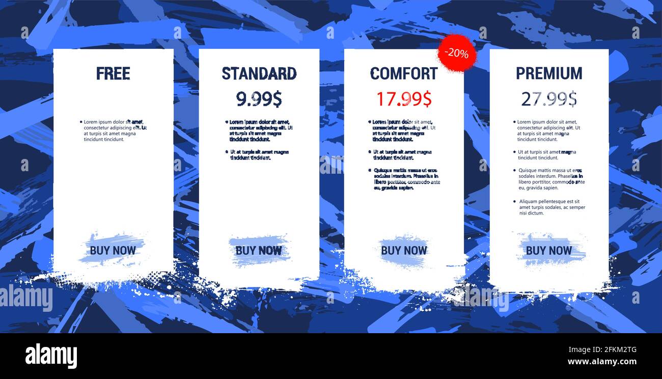 Liste de prix en grunge, peinture, style d'encre. Modèles de plans d'hébergement pour le site Web, l'interface utilisateur, UX, Mobile App Pour les tarifs à la vente, Mockup web boxes bannière. Prix Illustration de Vecteur