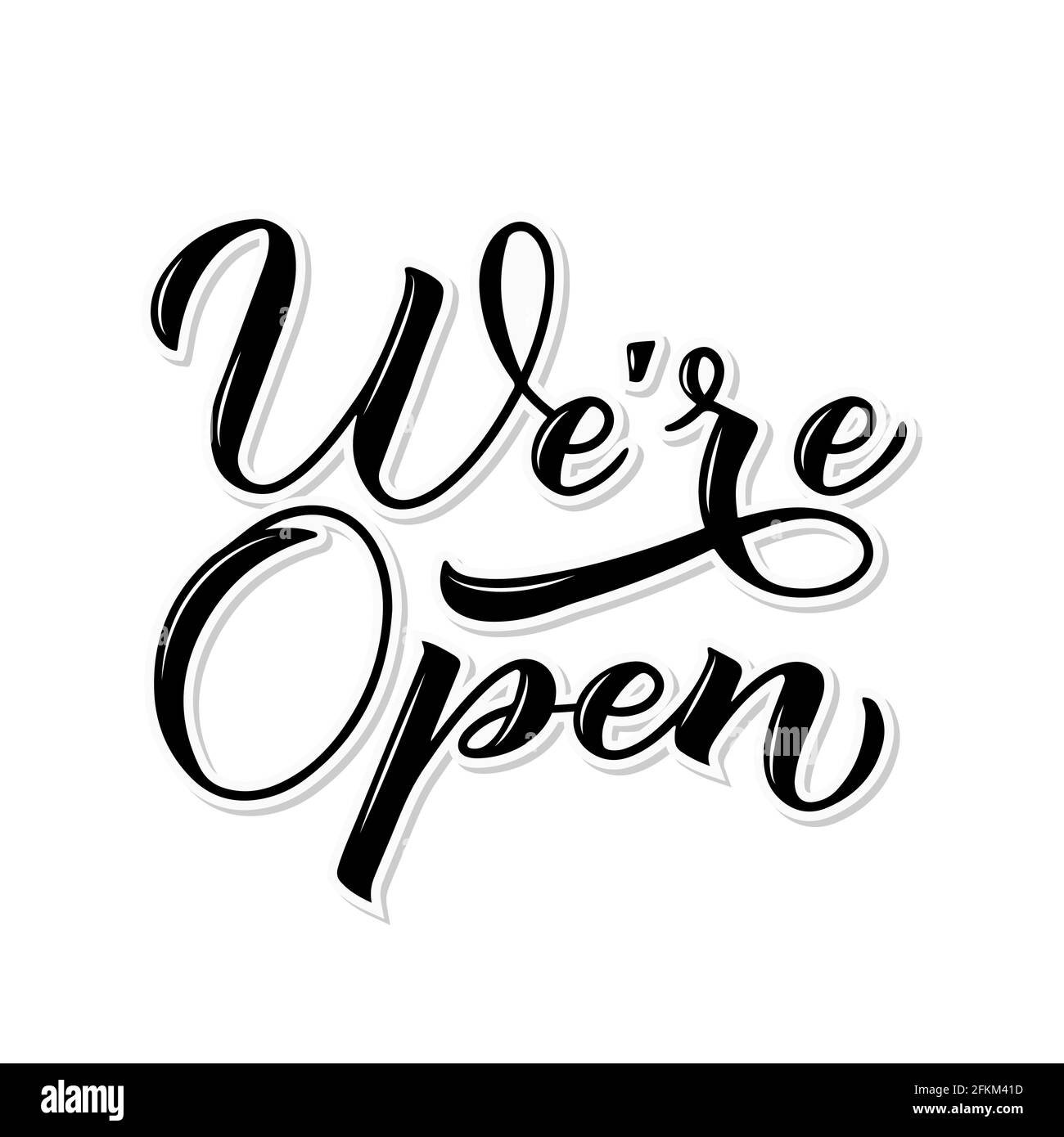 Nous rouvrons calligraphie lettrage à la main isolé sur blanc. Réouverture de magasins, services, restaurants, barbershops, salons de coiffure après la quarantaine. Welco Illustration de Vecteur