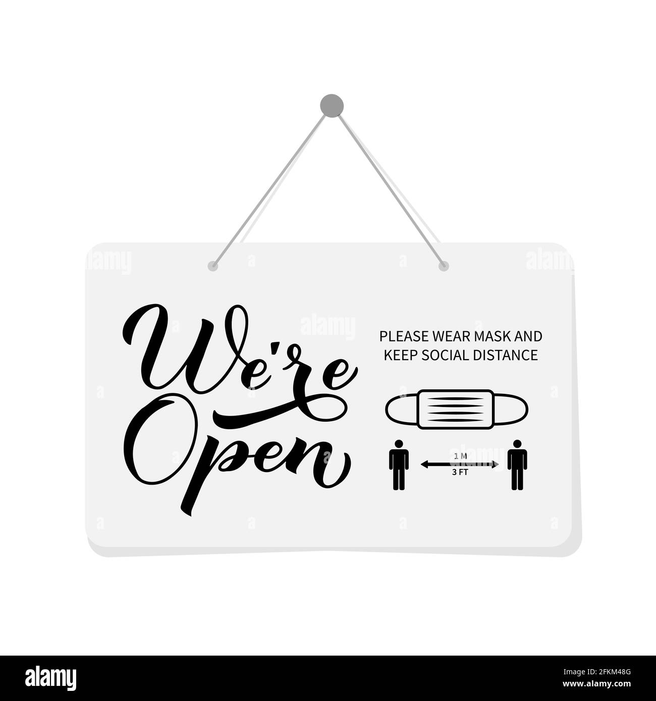 Nous ouvrons de nouveau calligraphie main lettrage panneau. Réouverture de magasins, services, restaurants, barbershops, salons de coiffure après la quarantaine. Panneau de bienvenue Illustration de Vecteur