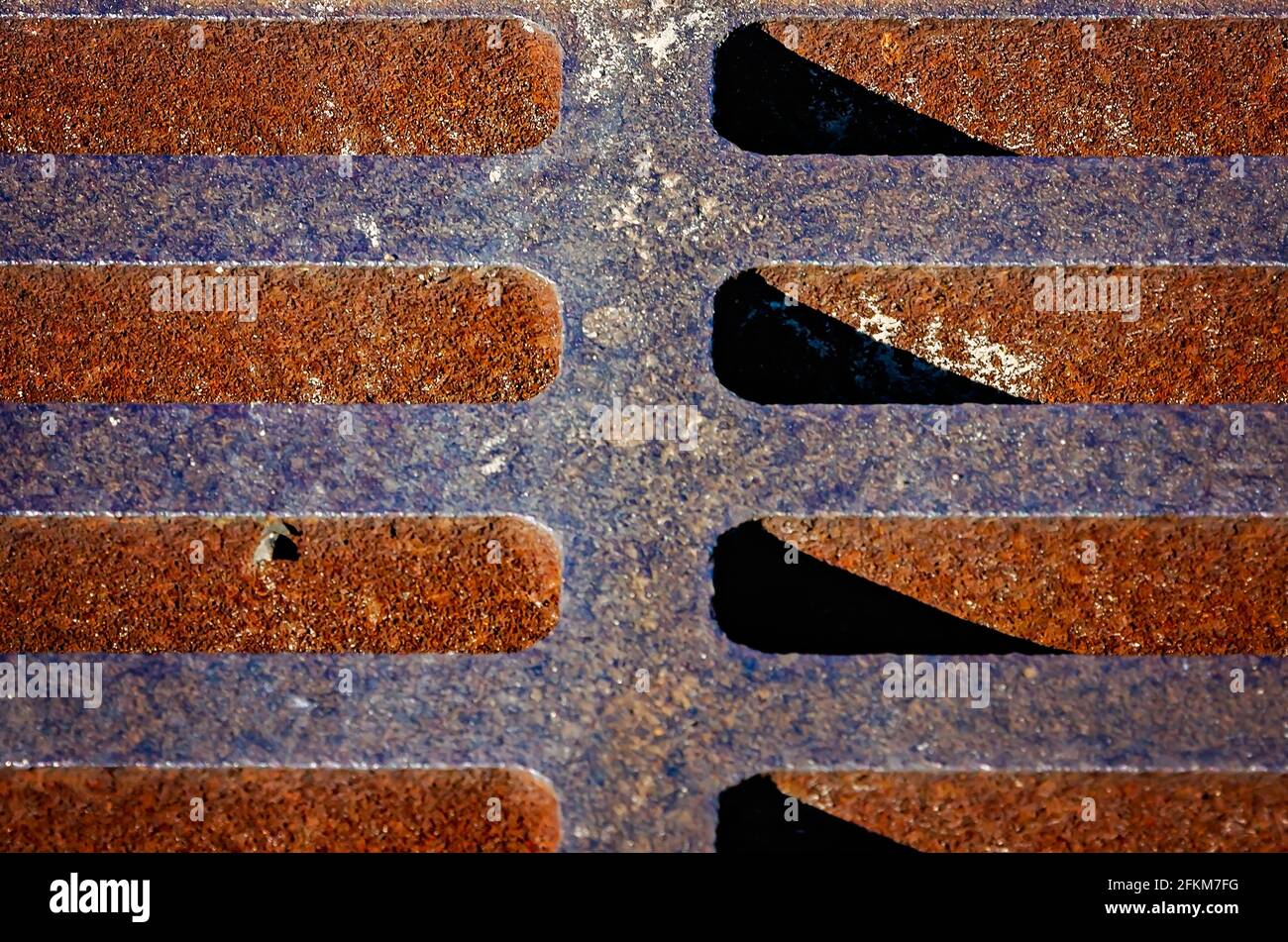 Une grille en fer construite par East Jordan Iron Works est photographiée au centre-ville, le 25 avril 2021, à Moss point, Mississippi. Banque D'Images