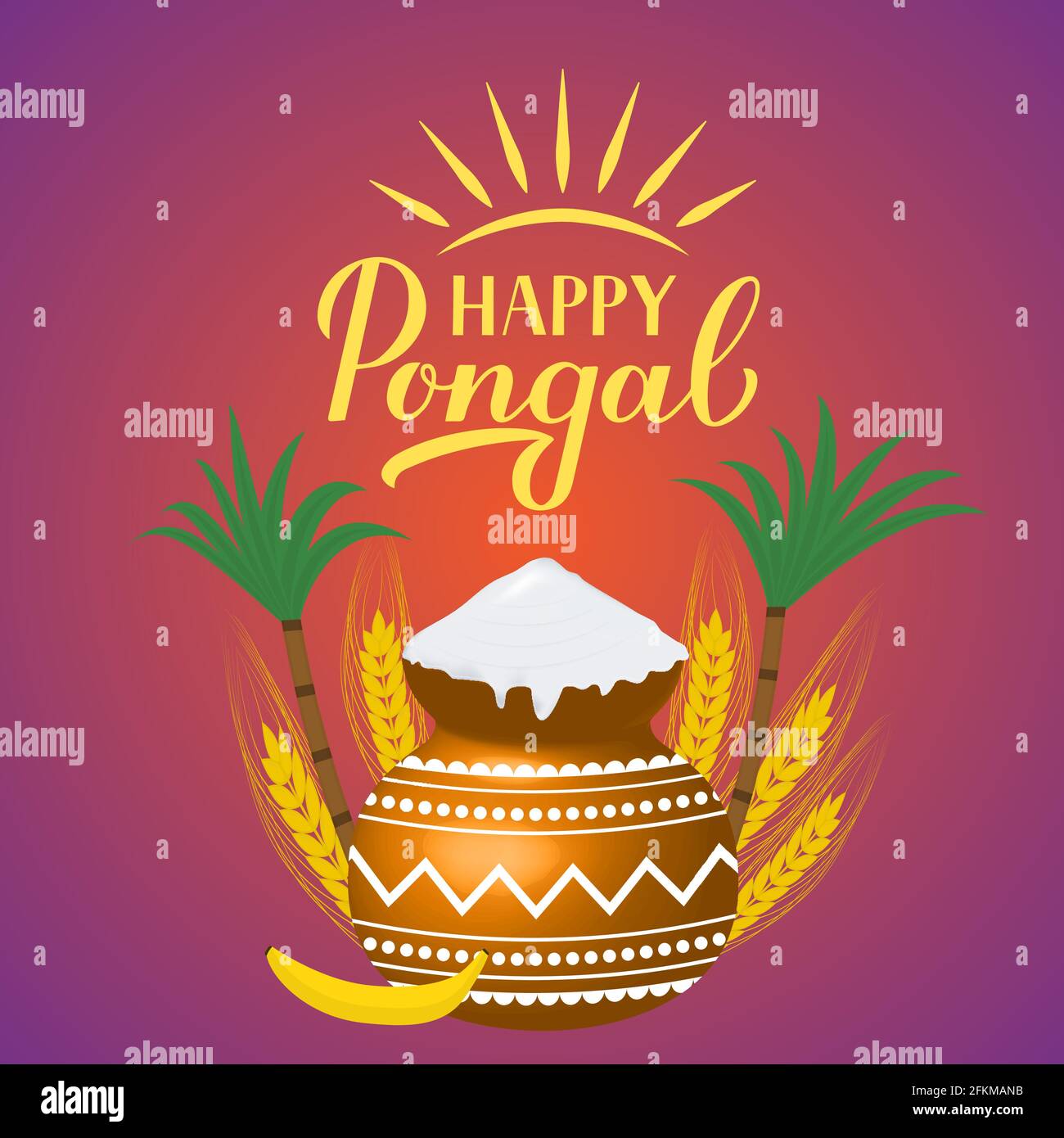 Illustration de vecteur Pongal heureux avec lettrage à la main calligraphie, pot et canne à sucre. Vacances en Inde du Sud. Festival de la récolte hindoue. Modèle facile à modifier Illustration de Vecteur