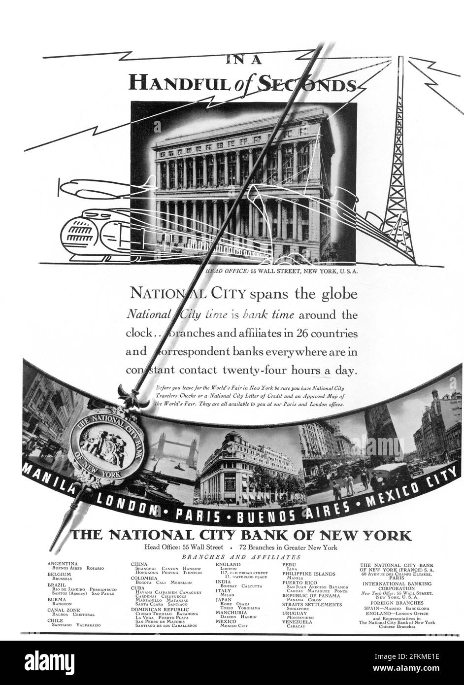 Vintage Français "en quelques secondes" National City Bank of New York Publicité (qualité poster A3+, 600 dpi) Banque D'Images