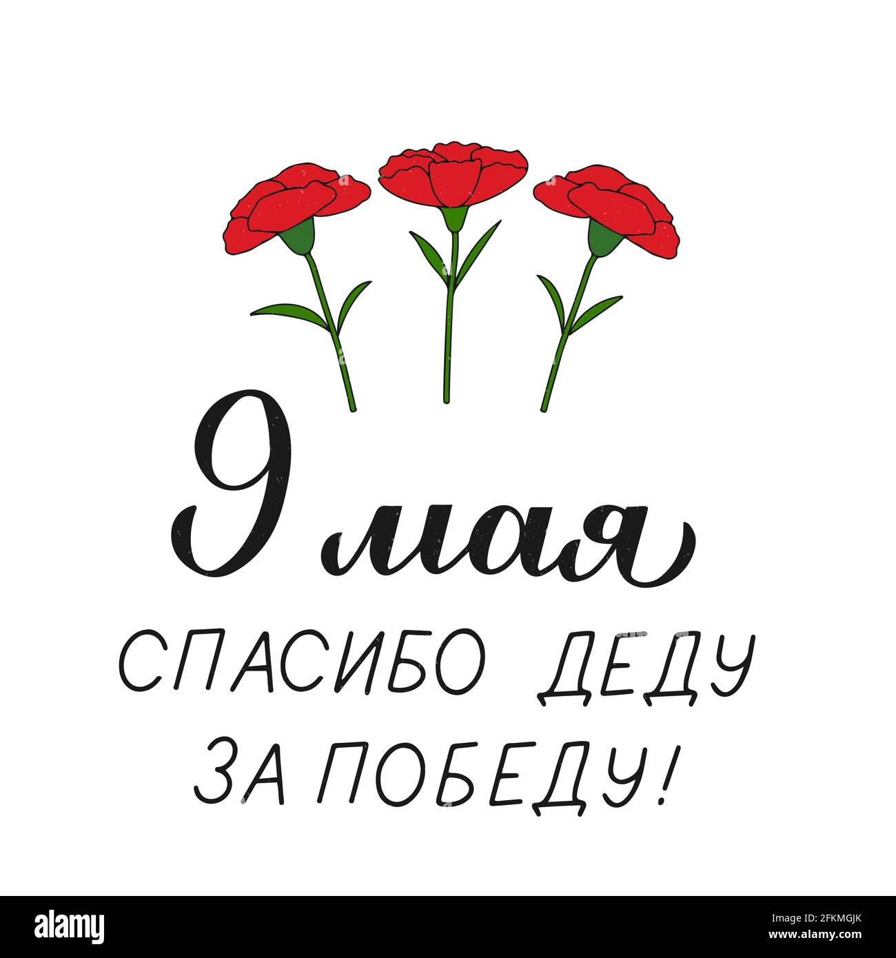 Jour de la victoire le 9 mai. Le lettrage cyrillique remercie le grand-père pour la victoire en russe et les fleurs d'œillets rouges dessinées à la main. Modèle vectoriel pour typograp Illustration de Vecteur