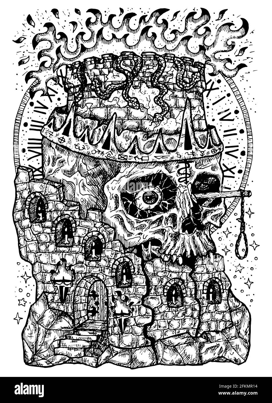 Illustration gravée en noir et blanc de la tour détruite et de la tête effrayante avec une flamme, des jacles et une couronne. Fond mystique pour Halloween, ésotérique, obtenu Banque D'Images