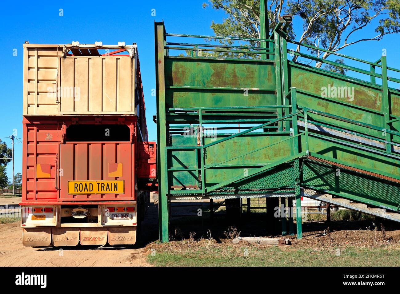 Arrière d'un camion de train de bétail stationné à côté de la rampe de chargement de bétail. Narrabri, ouest de la Nouvelle-Galles du Sud, Australie Banque D'Images