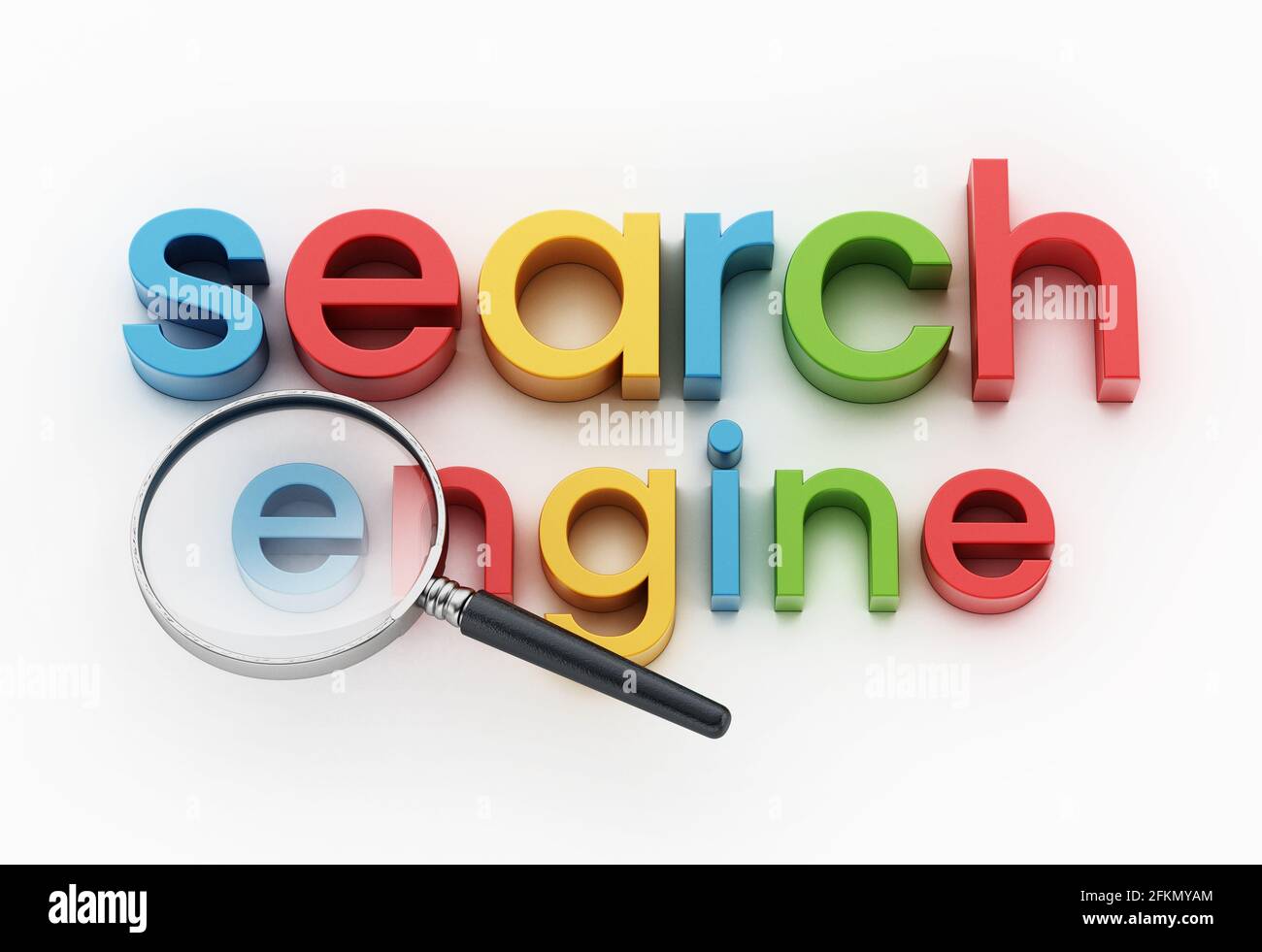 Texte du moteur de recherche et loupe isolée sur fond blanc. Illustration 3D. Banque D'Images