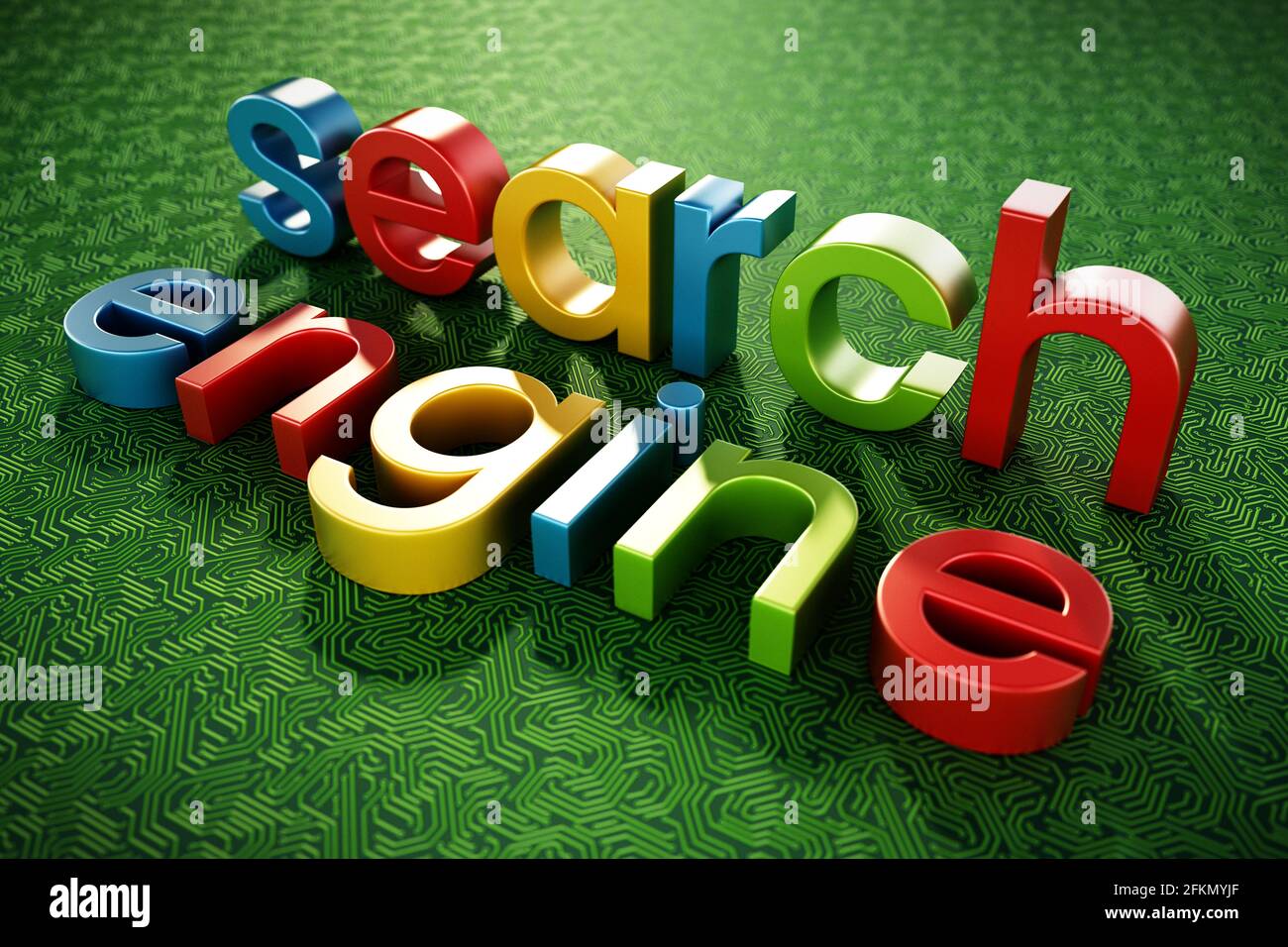 Texte du moteur de recherche se trouvant sur la texture verte de la carte de circuit imprimé. Illustration 3D. Banque D'Images