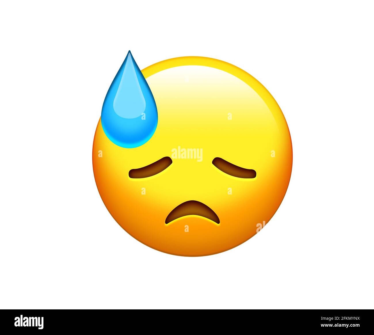 Le jaune emoji Downcast, déçu, bouleversé et de fermeture yeux tête icône visage avec de la sueur Banque D'Images