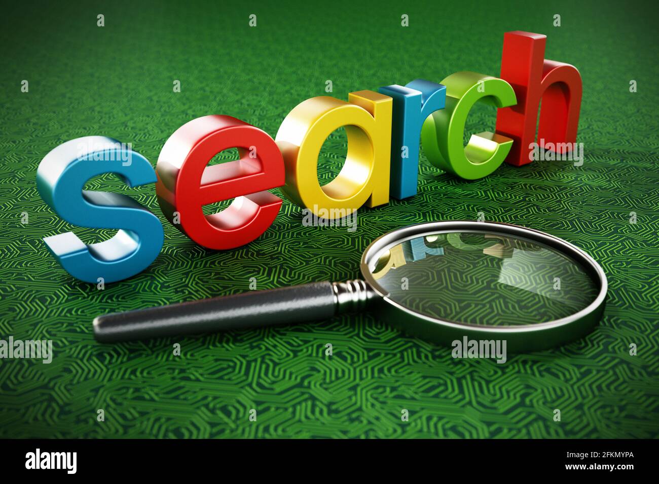 Texte du moteur de recherche et loupe debout sur la texture verte de la carte de circuit imprimé. Illustration 3D. Banque D'Images