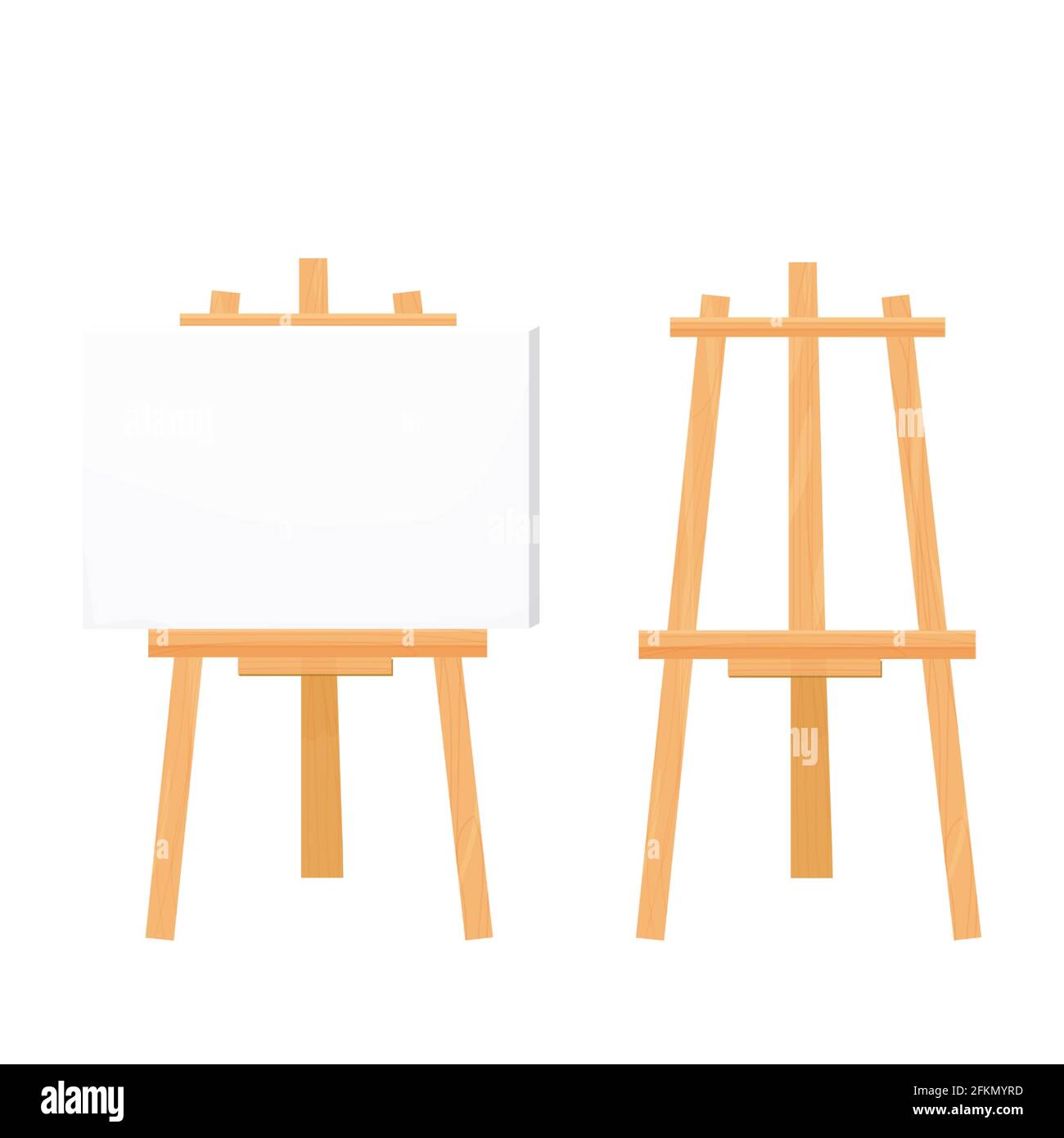 Chevalet en bois papier vierge vierge maquette de style dessin animé isolée sur illustration vectorielle blanche. Équipement d'artiste, tableau publicitaire, ensemble. Vecteur illust Illustration de Vecteur