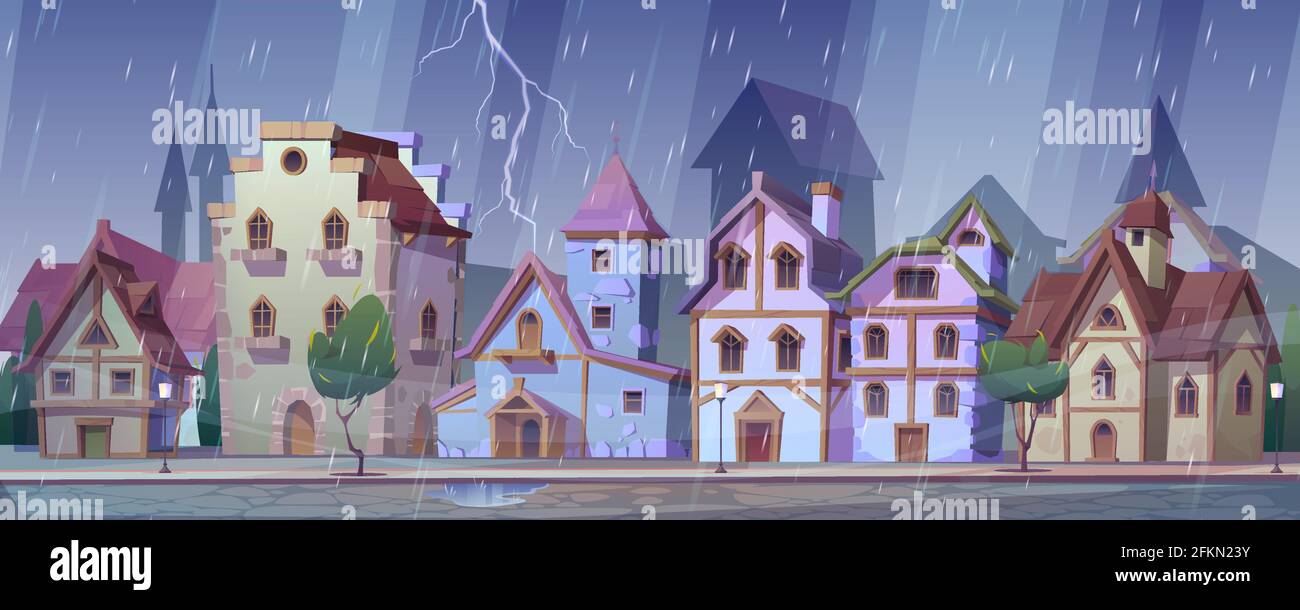 Rue médiévale allemande de nuit par temps pluvieux. Maisons traditionnelles à colombages sous la pluie et la foudre. Bâtiments européens dans la vieille ville. Fachwerk cottages paysage urbain, dessin vectoriel de dessin animé Illustration de Vecteur