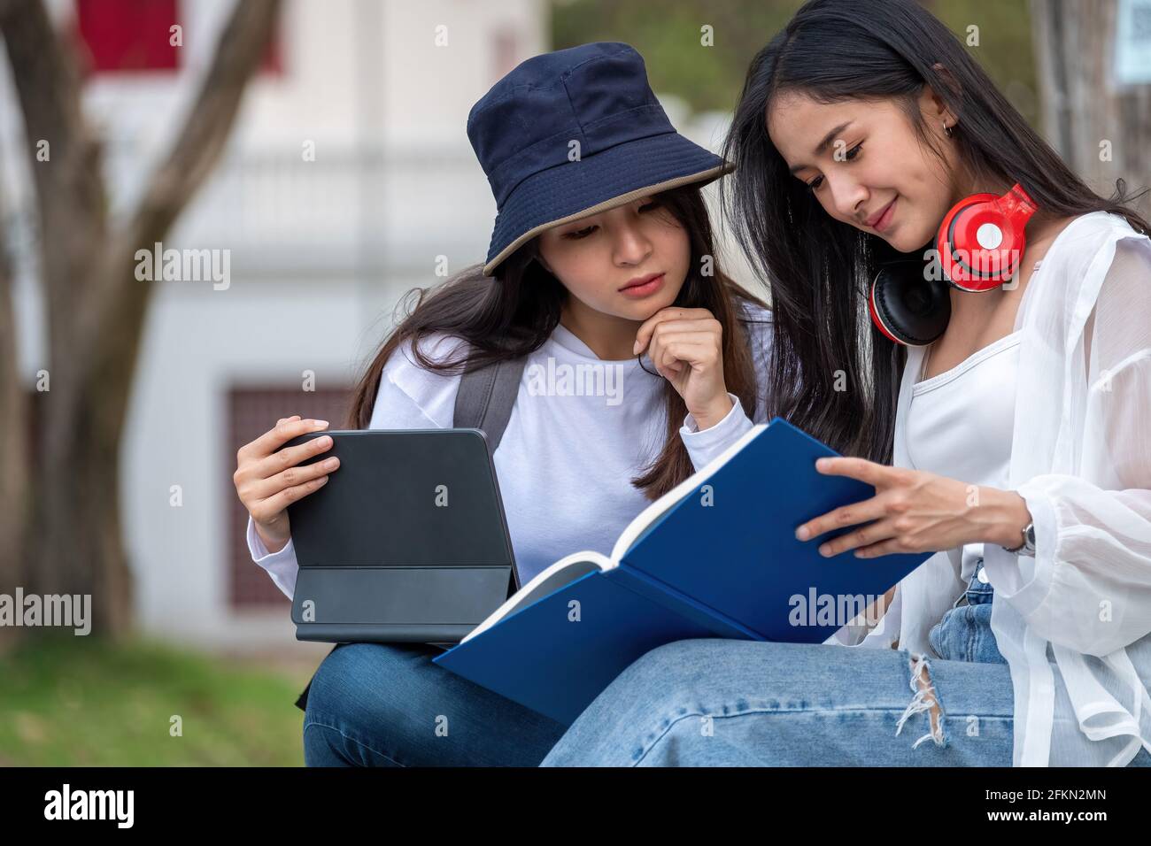 Deux étudiantes de l'université étudient en plein air, en utilisant une tablette numérique ensemble dans le parc de l'université. Banque D'Images