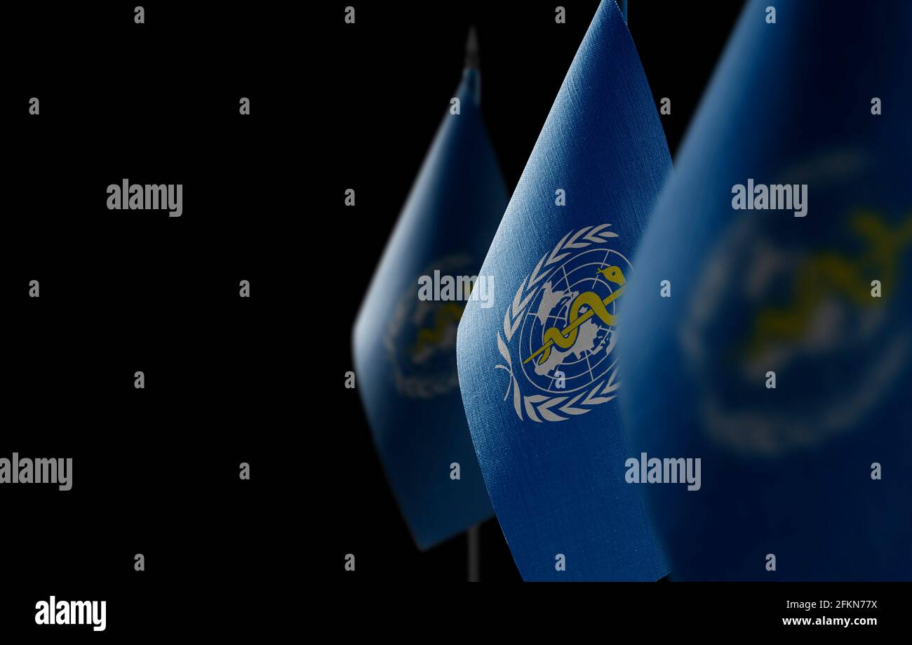 Petits drapeaux nationaux de l'Organisation mondiale de la Santé OMS un arrière-plan sombre Banque D'Images