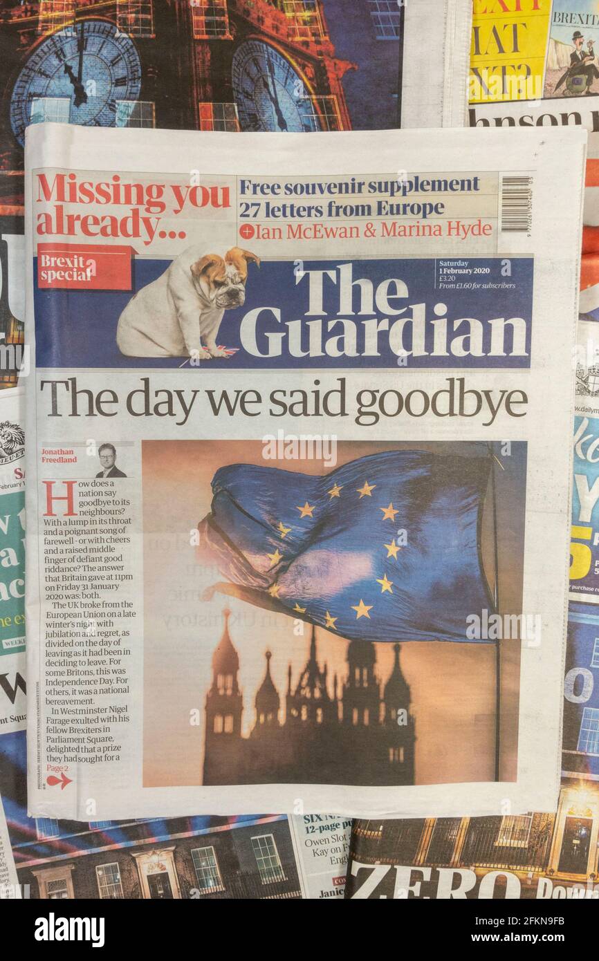 Première page du Guardian le 1er février 2020 après la sortie du Royaume-Uni de l'Union européenne le 31 janvier 2020. Banque D'Images