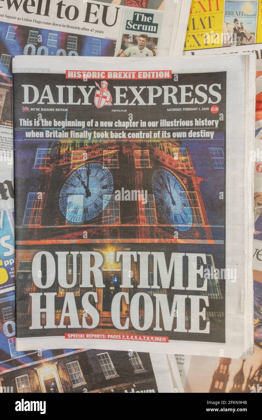 Première page du Daily Express le 1er février 2020 après la sortie du Royaume-Uni de l'Union européenne le 31 janvier 2020. Banque D'Images