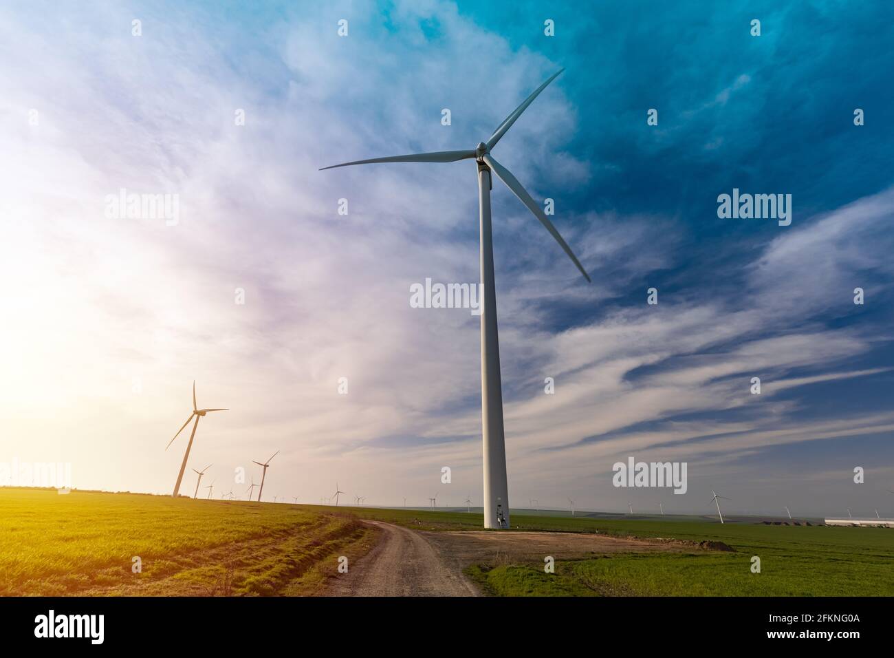 Convertisseurs d'énergie des éoliennes sur terrain d'herbe sauvage Banque D'Images