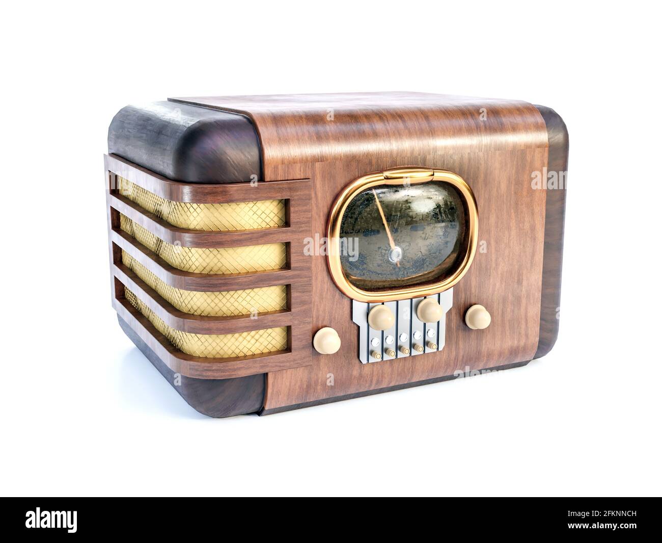 Rendu 3D d'une radio en bois vintage sur fond blanc Banque D'Images