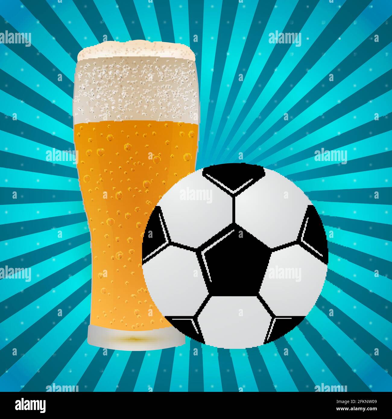 Ballon de football et verre de bière sur fond bleu vif avec rayons de  lumière. Concept de fan de football. Bannière d'arceau sport. Modèle facile  à modifier pour votre d Image Vectorielle