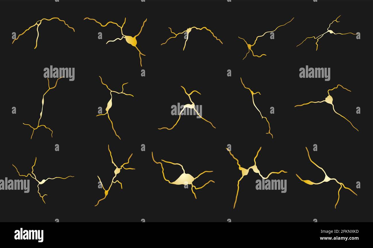Jeu de fissures Kintsugi or. Effet cassé et craquelé, craquelure et texture endommagée sur fond noir. Les illustrations vectorielles peuvent être utilisées pour kintsugi Illustration de Vecteur