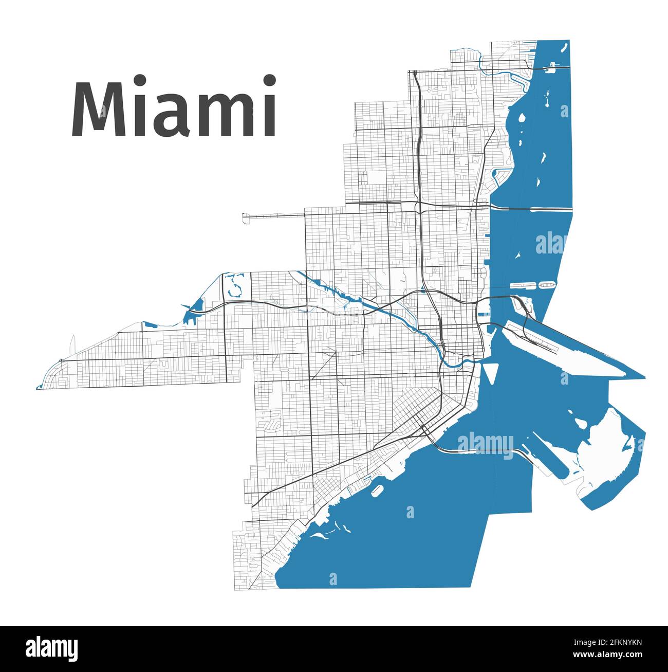 Carte de Miami. Carte détaillée du quartier administratif de Miami. Panorama urbain. Illustration vectorielle libre de droits. Carte avec autoroutes, rues, r Illustration de Vecteur