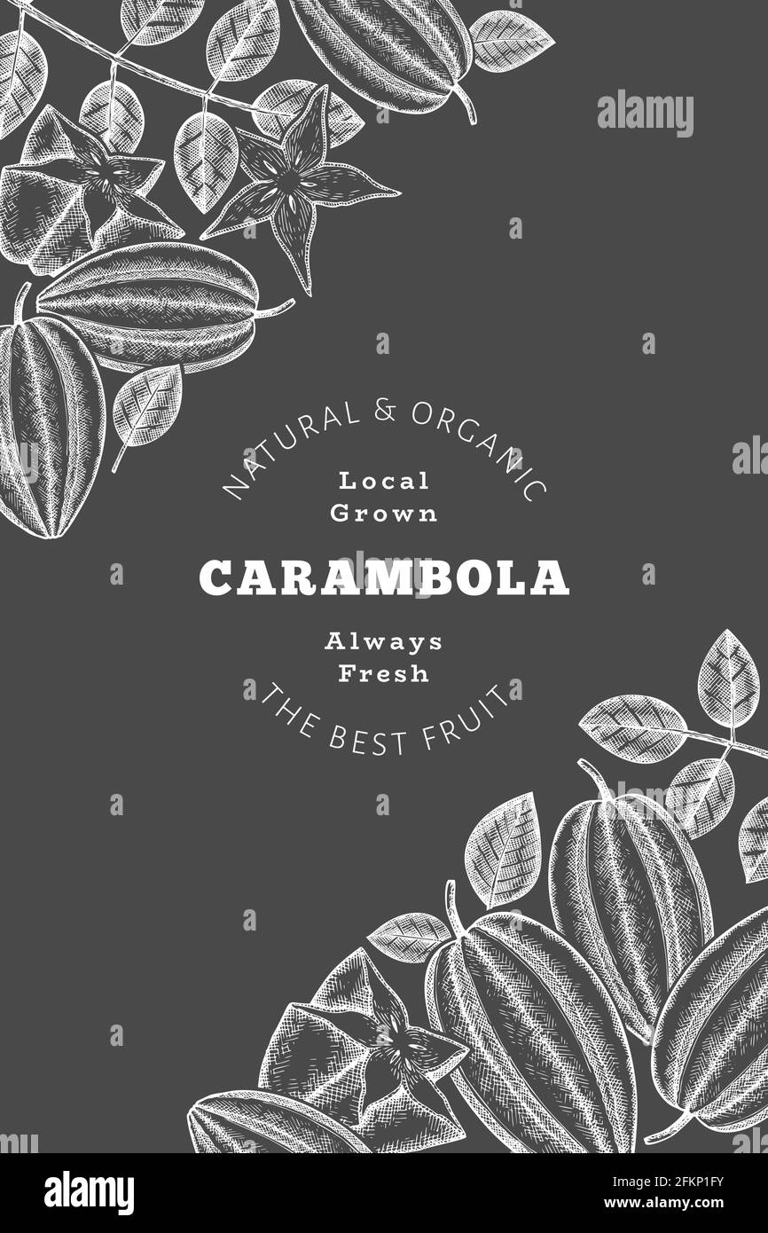 Bannière carambola de style esquisse dessinée à la main. Illustration vectorielle de fruits frais biologiques sur tableau à craie. Modèle rétro fruit design Illustration de Vecteur