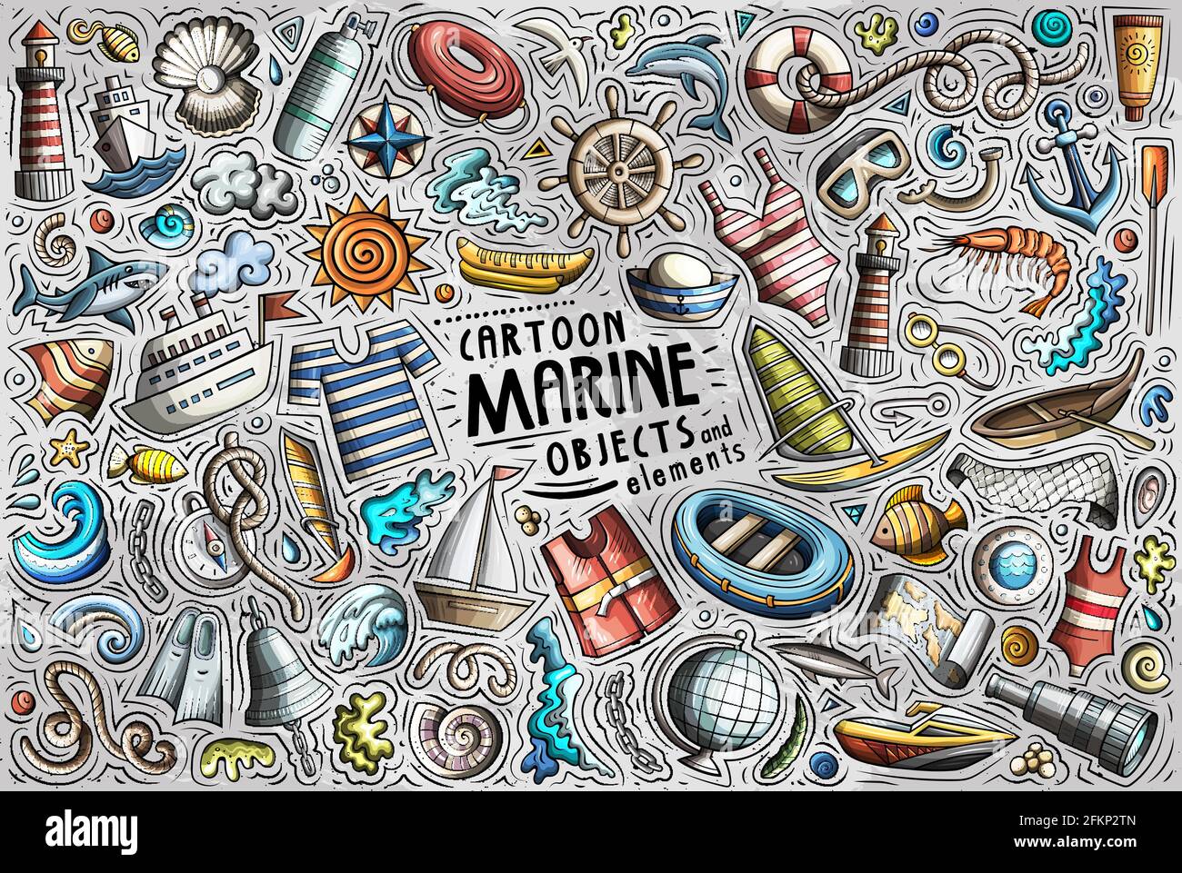 Ensemble de dessins animés à la main et à motif vectoriel coloré d'objets, d'objets et de symboles marins Illustration de Vecteur