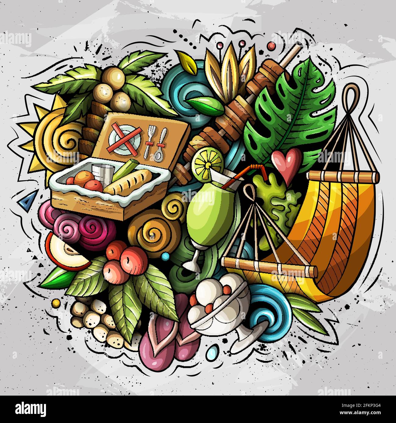 Illustration des dessins vectoriels d'été. Éléments et objets d'été, fond de dessin animé. Couleurs vives image amusante. Tous les éléments sont séparés Illustration de Vecteur