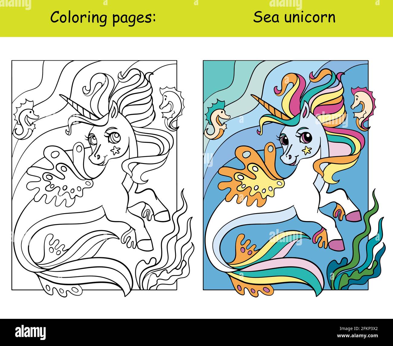 Jolie licorne de mer avec longue queue et manne. Page de livre de coloriage pour les enfants avec modèle coloré. Illustration vectorielle isolée. Pour colorier b Illustration de Vecteur