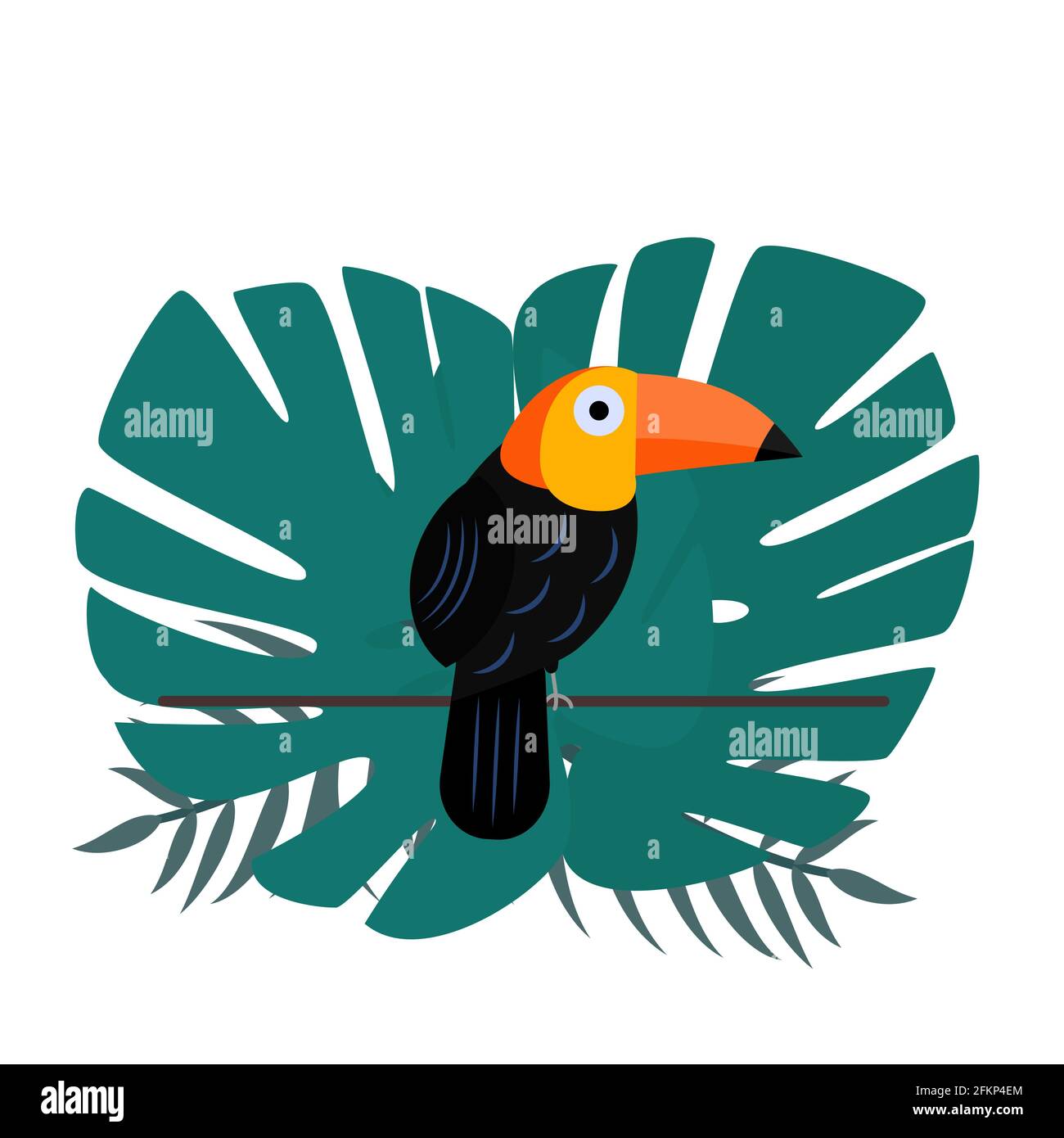 Adorable toucan de dessin animé avec feuilles de palmier. Oiseau exotique ou tropical. Faune d'Amérique du Sud. Illustration vectorielle plate. Modèle facile à modifier pour votre logo desi Illustration de Vecteur