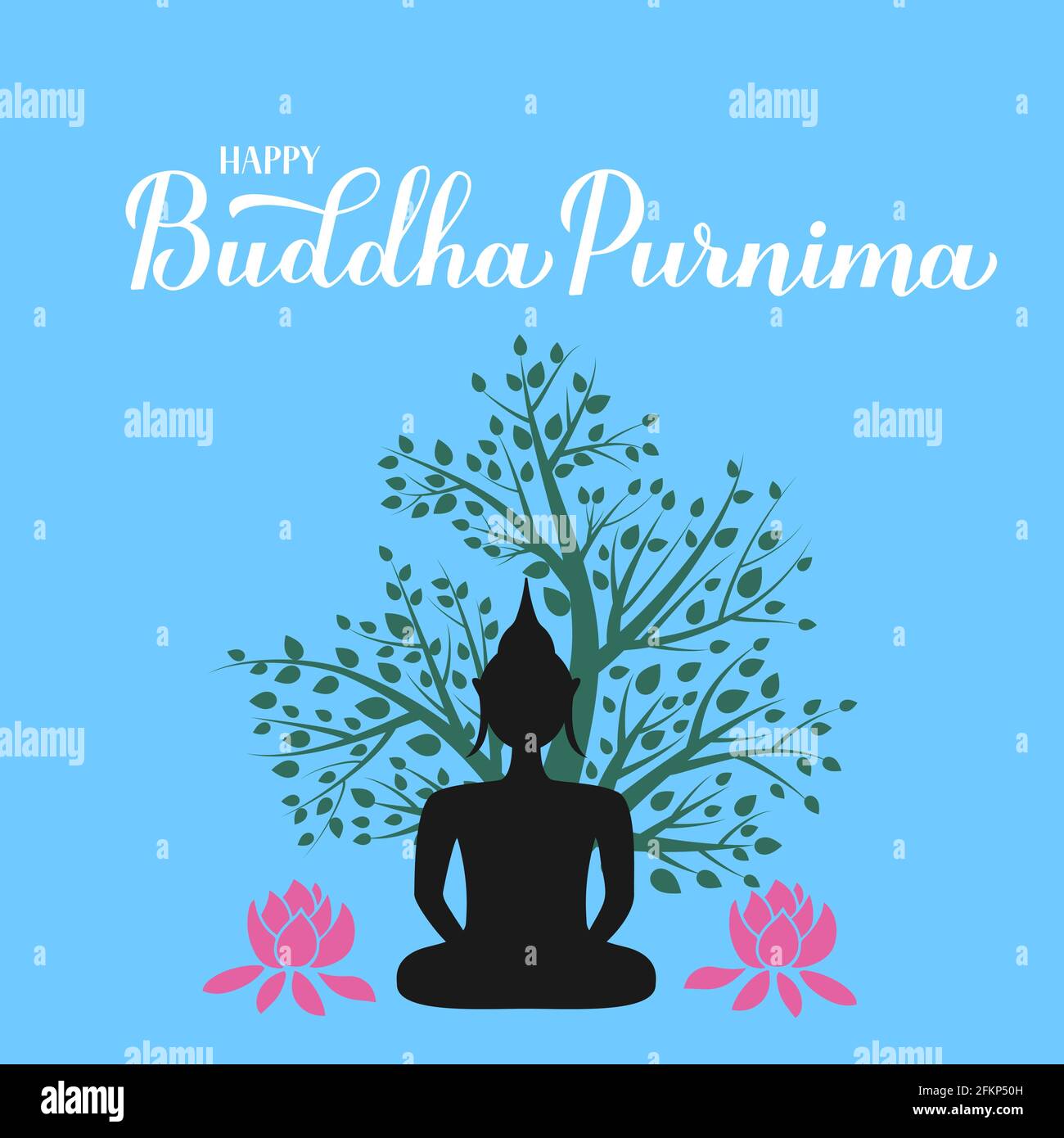 Joyeux Bouddha Purnima Calligraphie Lettrage A La Main Et Silhouette De Bouddha Sous L Arbre Affiche Typographique De Vacances Bouddhistes Vesak Modele Vectoriel Pour Gre Image Vectorielle Stock Alamy