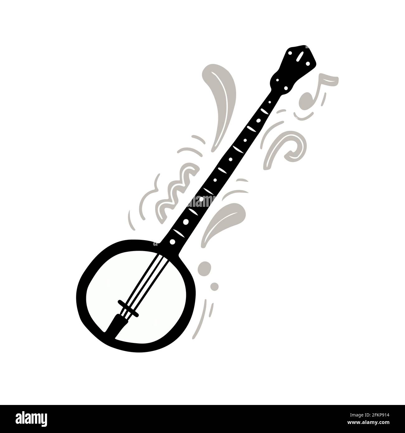 Illustration vectorielle monochrome de la main banjo traditionnelle noire et blanche style plat minimaliste, orné d'ornements abstraits et créatifs notes jouant de la musique énergique Illustration de Vecteur