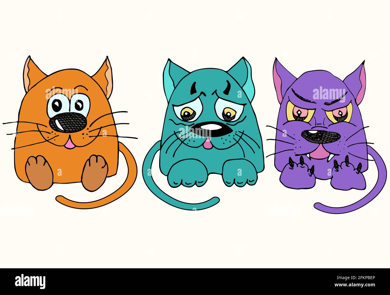 Trois chats drôles avec des émotions différentes. Personnages de caricature et de chats multicolores Illustration de Vecteur