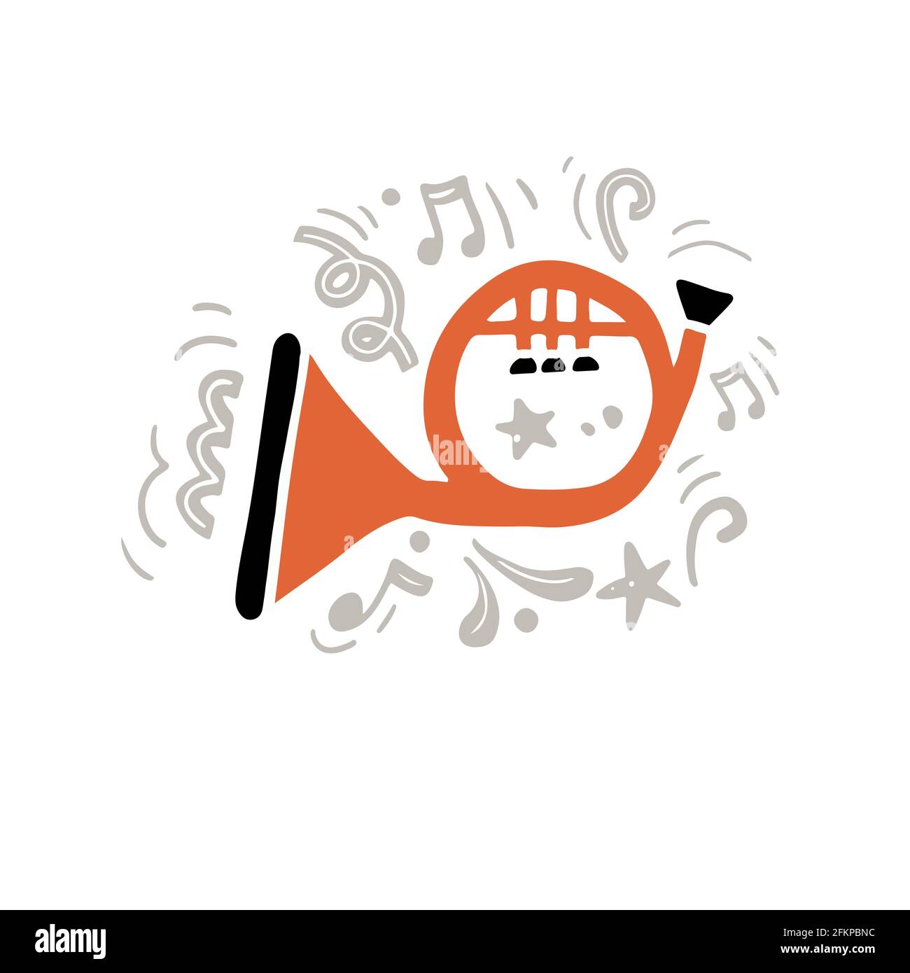 Illustration vectorielle d'un instrument classique minimaliste en laiton appelé Horn Hand dessiné dans un style plat avec des couleurs orange et noir musique au milieu de notes et ornements gris abstraits Illustration de Vecteur