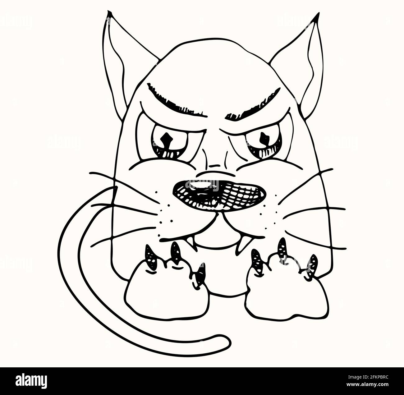 Personnage de chat mécontent et en colère dessiné avec un marqueur. Personnage de dessin animé, imitation d'un dessin pour enfants. Illustration de Vecteur