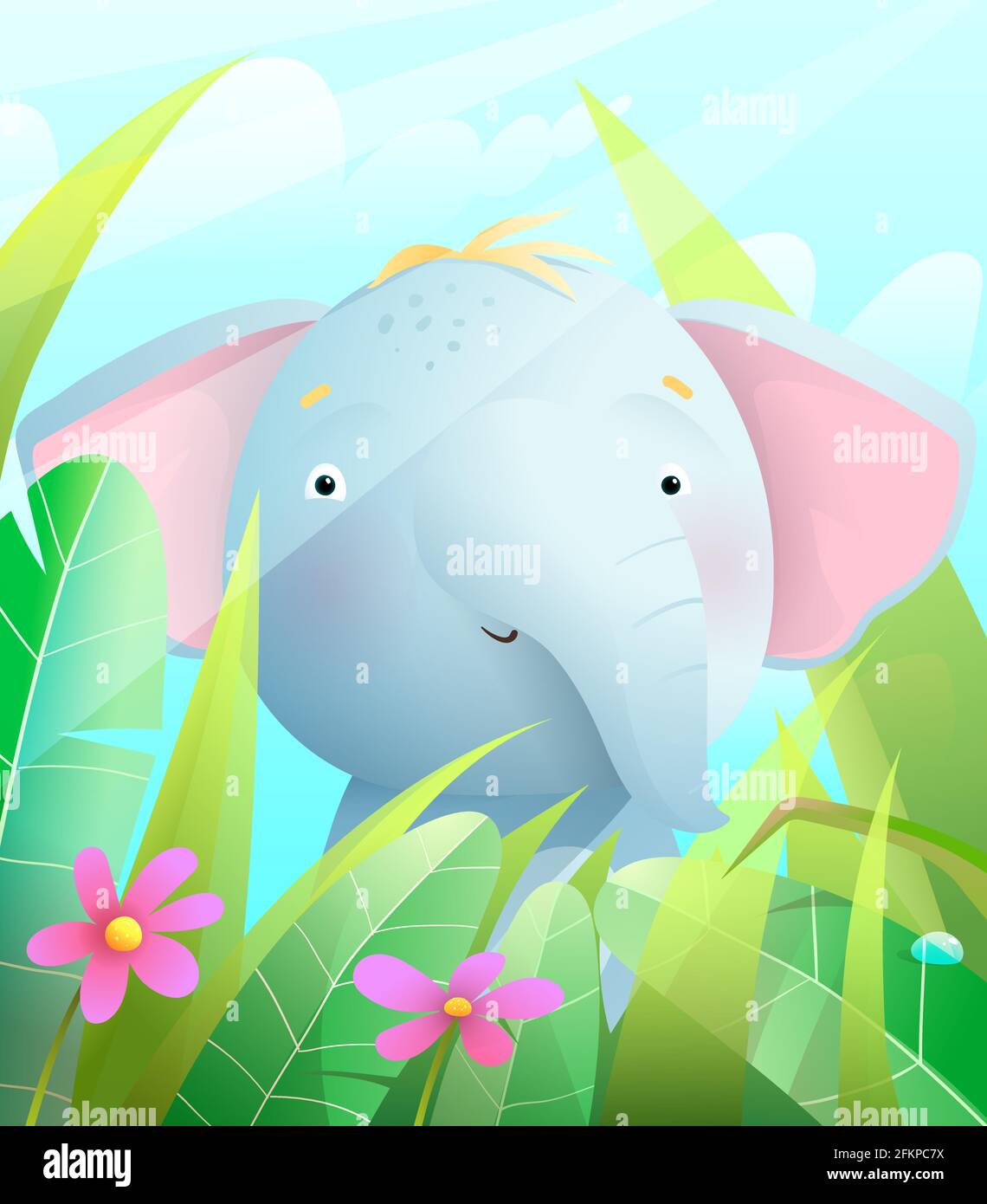 Mignon bébé éléphant assis dans Savannah dans l'herbe Illustration de Vecteur