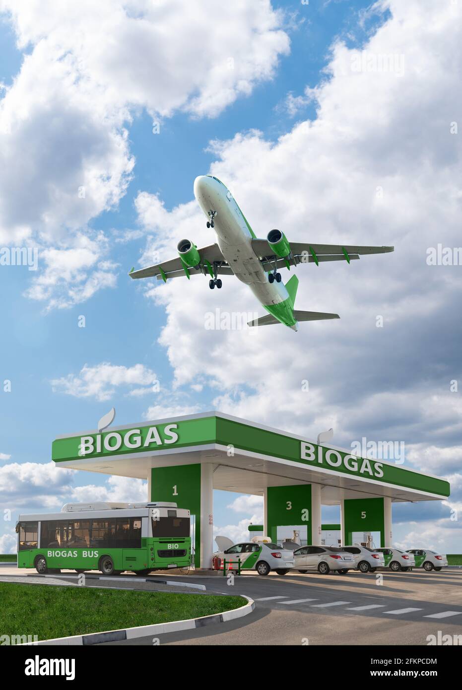 L'avion vole au-dessus de la station de biogaz. Concept de transport neutre en carbone Banque D'Images
