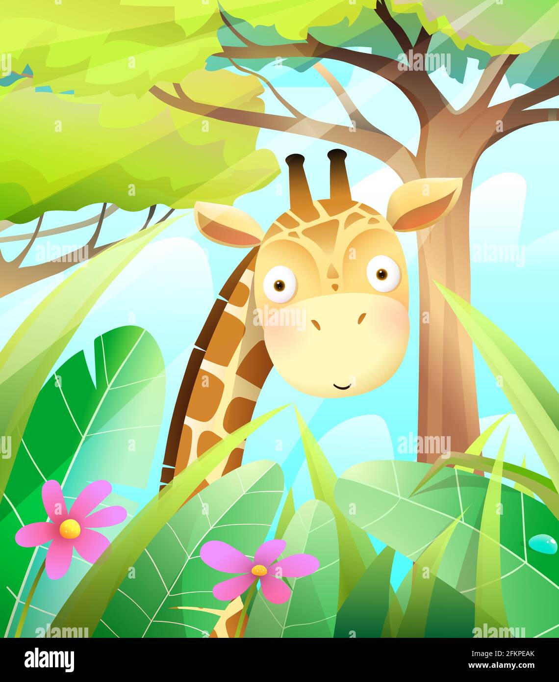 Mignonne girafe bébé dans la nature des arbres de Savannah Illustration de Vecteur