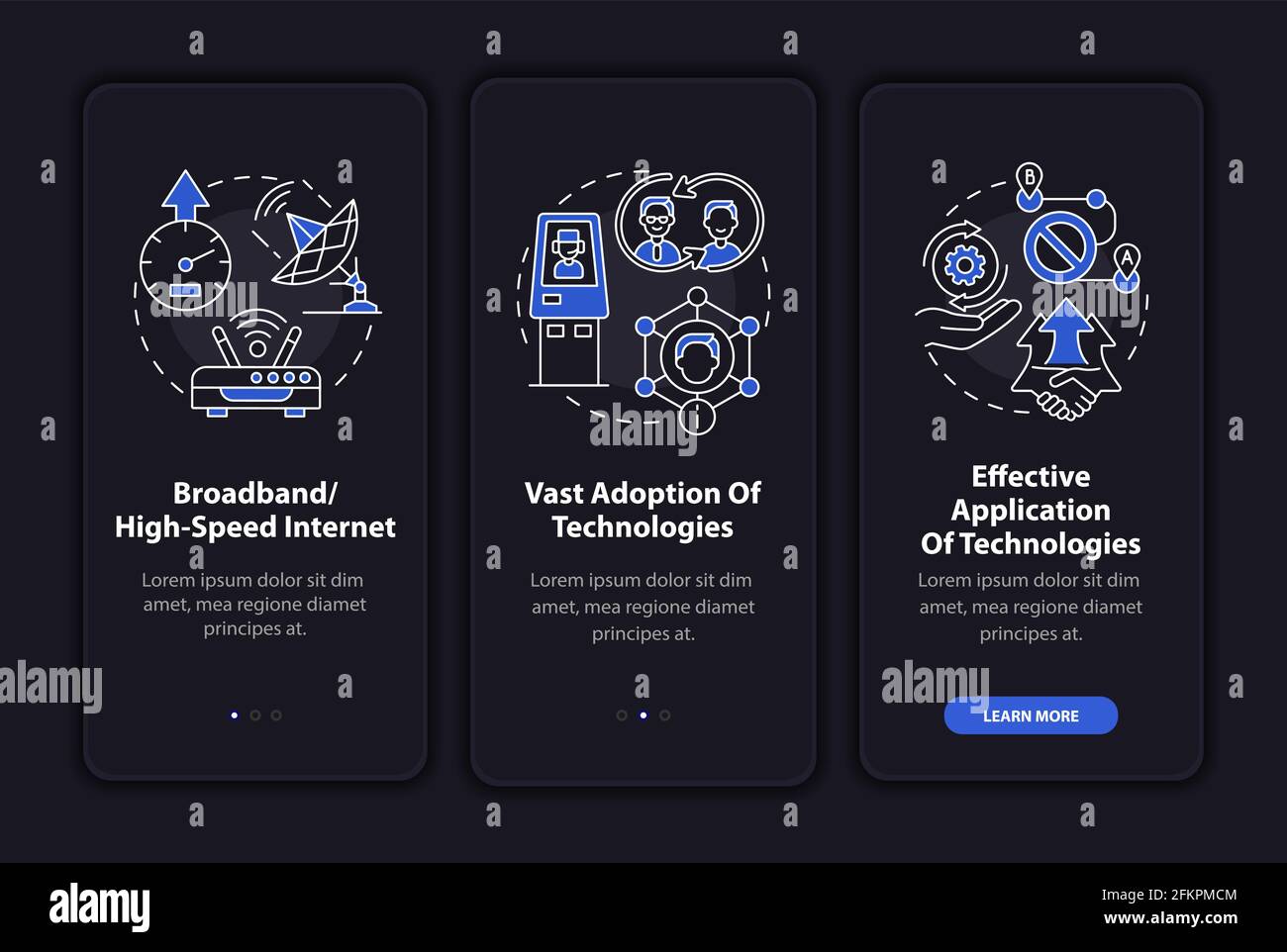 L'inclusion numérique est une condition préalable à l'intégration de l'écran de la page des applications mobiles avec des concepts. Accédez aux instructions graphiques de la procédure en 3 étapes. UI, UX, vecteur t. De l'interface graphique Illustration de Vecteur