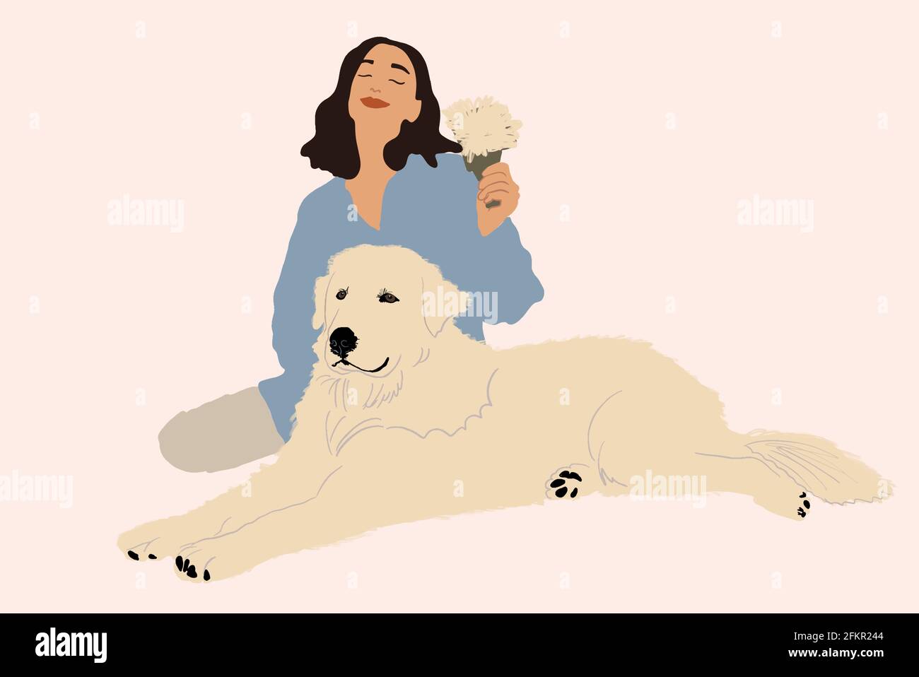 Femme qui toilette son grand chien blanc à la maison avec une brosse à cheveux. Soins aux animaux. Illustration vectorielle Illustration de Vecteur